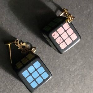 Rubik's Cube Dangle Pierced Earrings Rare Vintage 1980s 80s